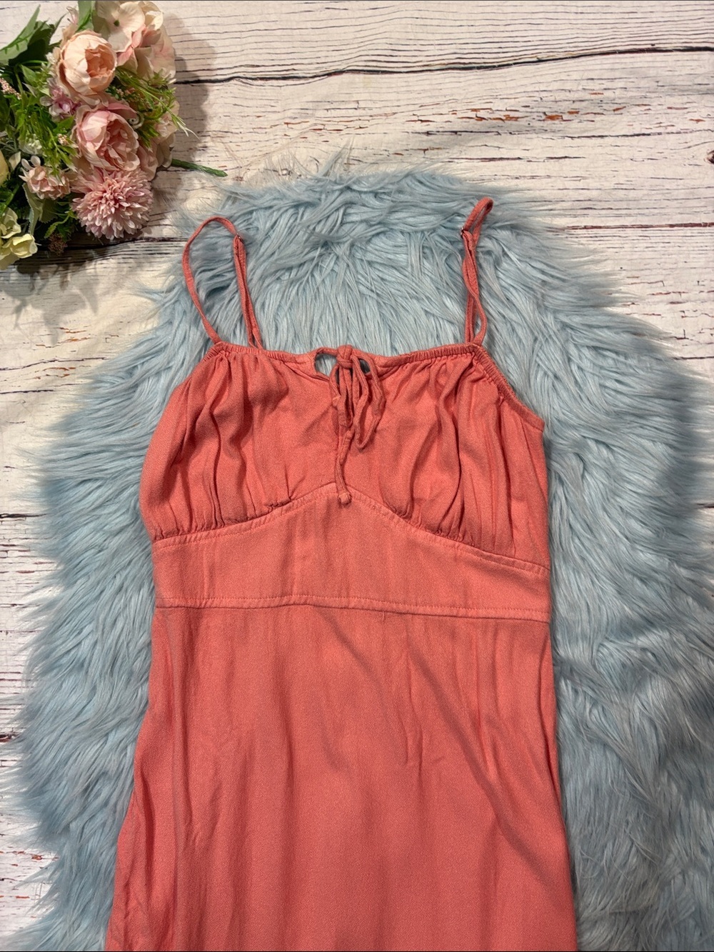 Abercrombie & Fitch Cottagecore Cinched Tie Front Ruffle Hem Coral Midi Dress - Picture 7 of 8